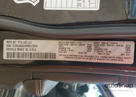 2024 Jeep Grand Cherokee L Laredo из США, поврежденный, VIN 1C4RJKAG3R8517674